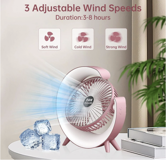 Personal Desk Fan with LED Light 3 Speeds 2400mAh Table Fan 180° Tilt USB Rechargeable Battery Powered