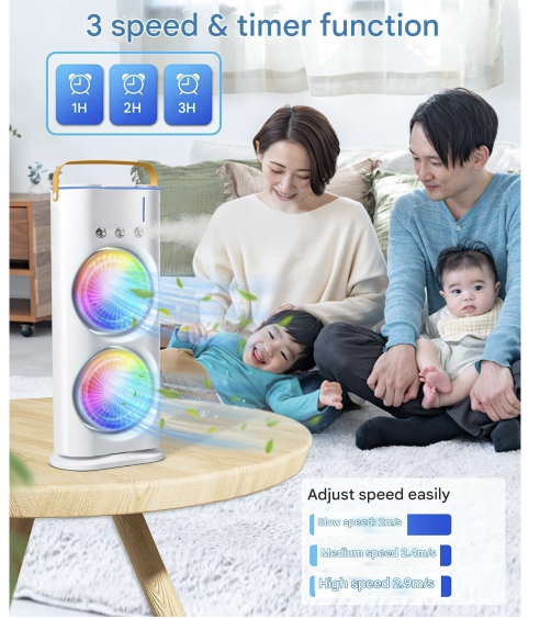 Personal Air Cooler with 3 Speeds, 3 Mist Modes, 7-Color LED, 280ml Tank, Remote Control