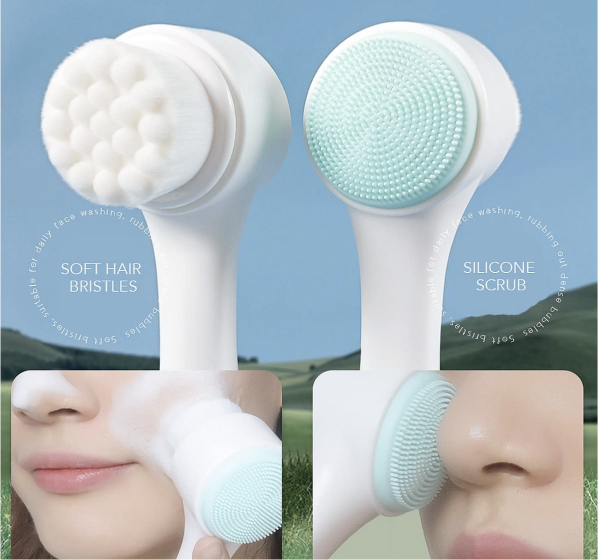 Facial Cleaning Brush Double Sided Deep Pore Cleaning Manual 2-in-1 Face Cleansing Exfoliating Brush Facial Wash Massage Soft Silicone Scrubber
