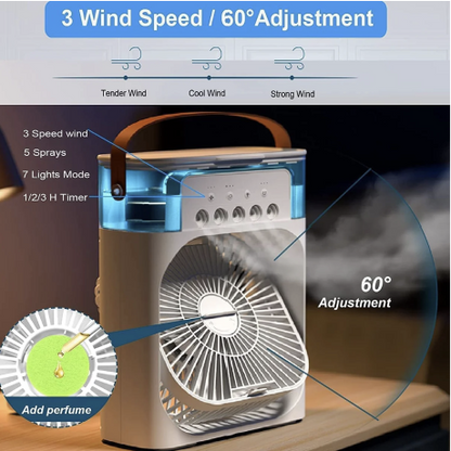 Portable Air Cooler Fan with Water Tank & USB Power with 3 Speeds, Mist Humidifier, LED Light