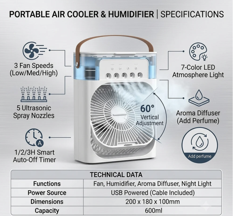 Portable Air Cooler Fan with Water Tank & USB Power with 3 Speeds, Mist Humidifier, LED Light