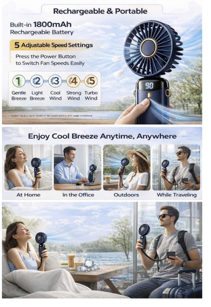 Rechargeable Portable Handheld Fan,3000mAh Battery Operated Mini Fan,5 Speeds and LED Display