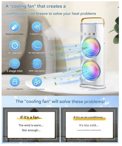 Personal Air Cooler with 3 Speeds, 3 Mist Modes, 7-Color LED, 280ml Tank, Remote Control