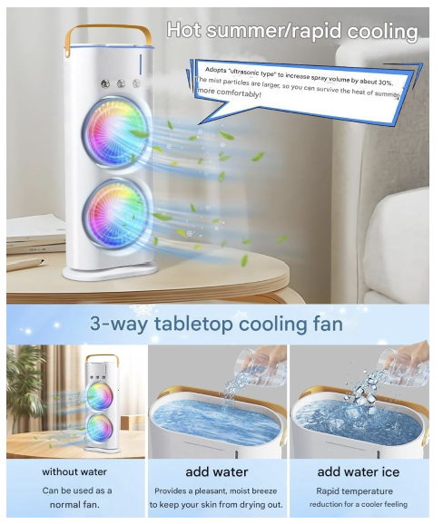 Personal Air Cooler with 3 Speeds, 3 Mist Modes, 7-Color LED, 280ml Tank, Remote Control