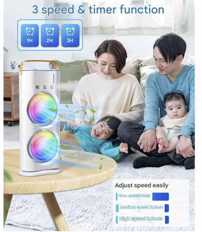 Personal Air Cooler with 3 Speeds, 3 Mist Modes, 7-Color LED, 280ml Tank, Remote Control