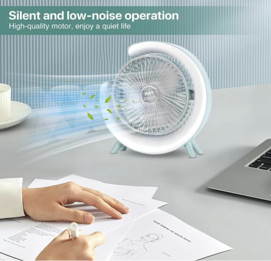 Personal Desk Fan with LED Light 3 Speeds 2400mAh Table Fan 180° Tilt USB Rechargeable Battery Powered