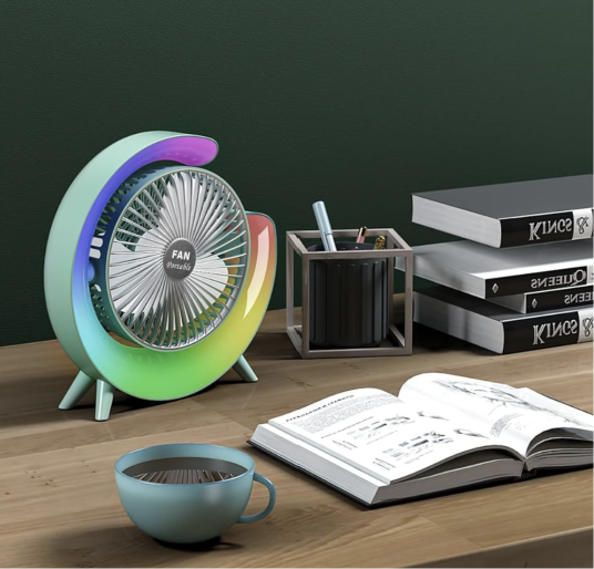 Personal Desk Fan with LED Light 3 Speeds 2400mAh Table Fan 180° Tilt USB Rechargeable Battery Powered