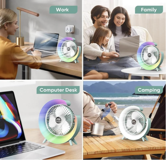 Personal Desk Fan with LED Light 3 Speeds 2400mAh Table Fan 180° Tilt USB Rechargeable Battery Powered