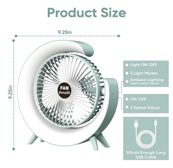 Personal Desk Fan with LED Light 3 Speeds 2400mAh Table Fan 180° Tilt USB Rechargeable Battery Powered