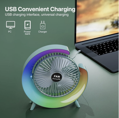 Personal Desk Fan with LED Light 3 Speeds 2400mAh Table Fan 180° Tilt USB Rechargeable Battery Powered