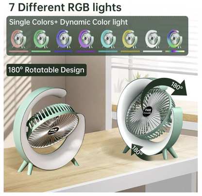 Personal Desk Fan with LED Light 3 Speeds 2400mAh Table Fan 180° Tilt USB Rechargeable Battery Powered
