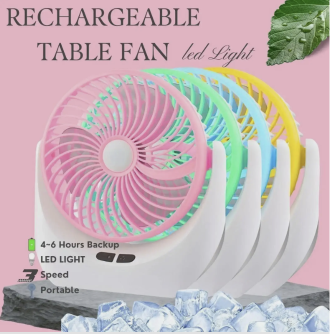 High-Speed Rechargeable portable Table Fan with LED Light Battery Powered 3-Speed Portable Fan, (Multicolor)