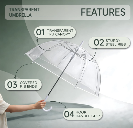 Transparent Durable Windproof Umbrella for Rain Decoration for Outdoor Events (WHITE CLEAR TRANSPARENT)