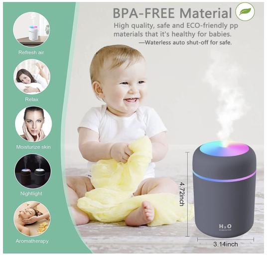 Smart H2O Mini Cool Mist Humidifier & Essential Oil Diffuser (300ML, LED), (Colours may vary)
